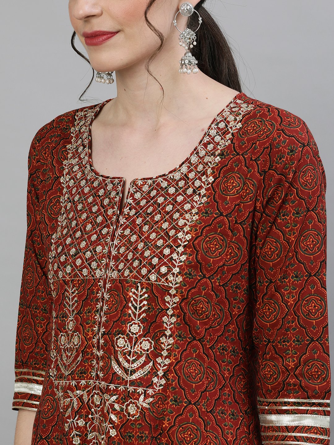 Ishin Women's Cotton Brown Yoke Embroidered Anarkali Kurta