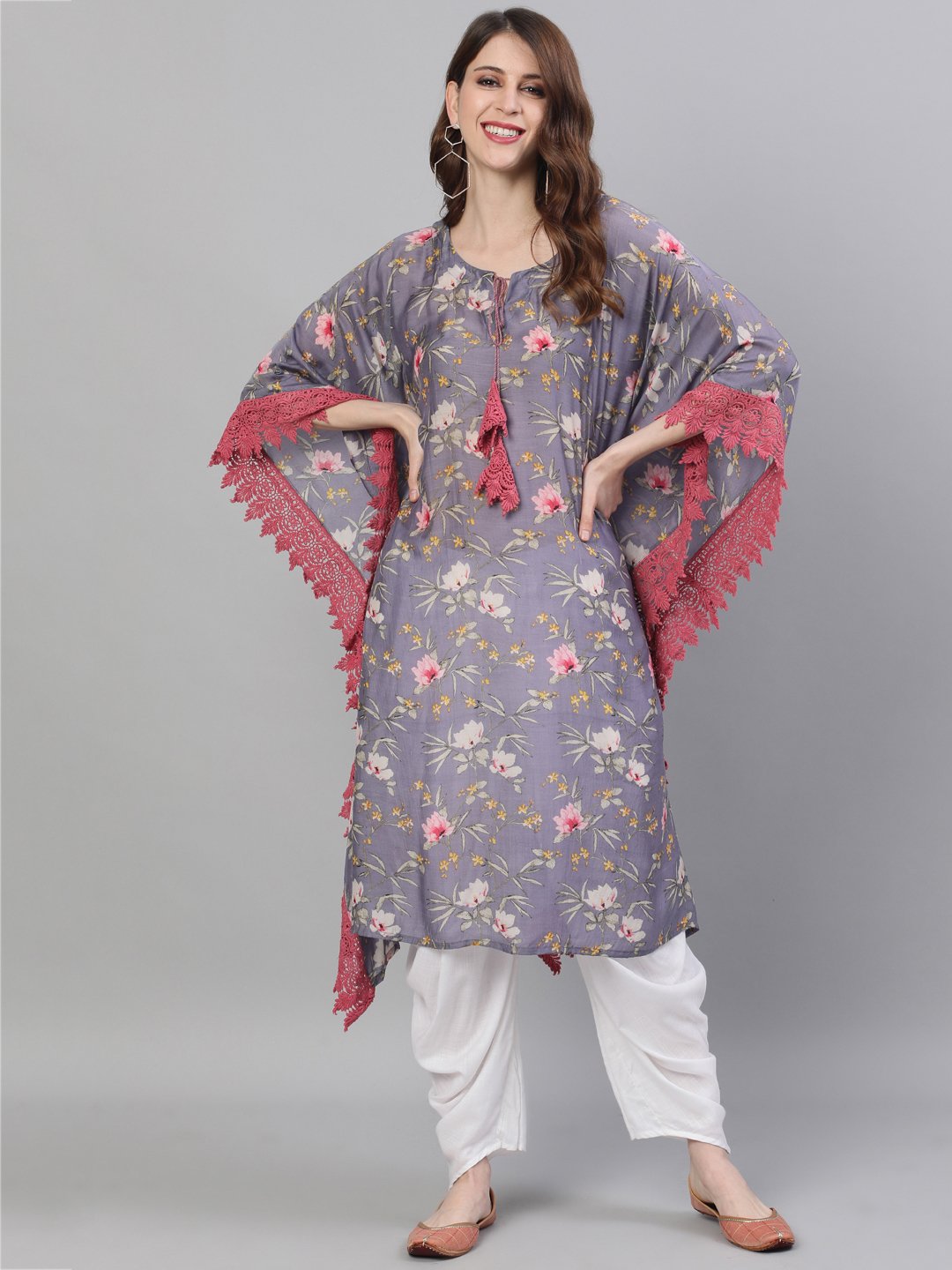 Ishin Women's Silk Purple Embroidered Kaftan Kurta