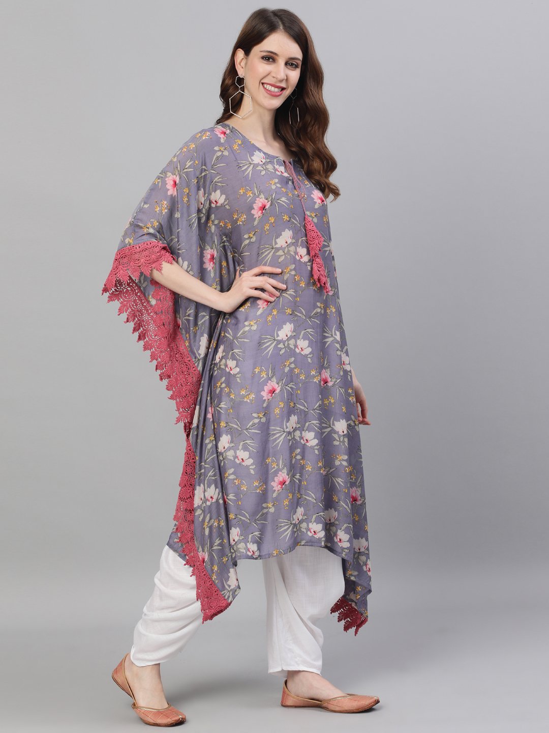 Ishin Women's Silk Purple Embroidered Kaftan Kurta