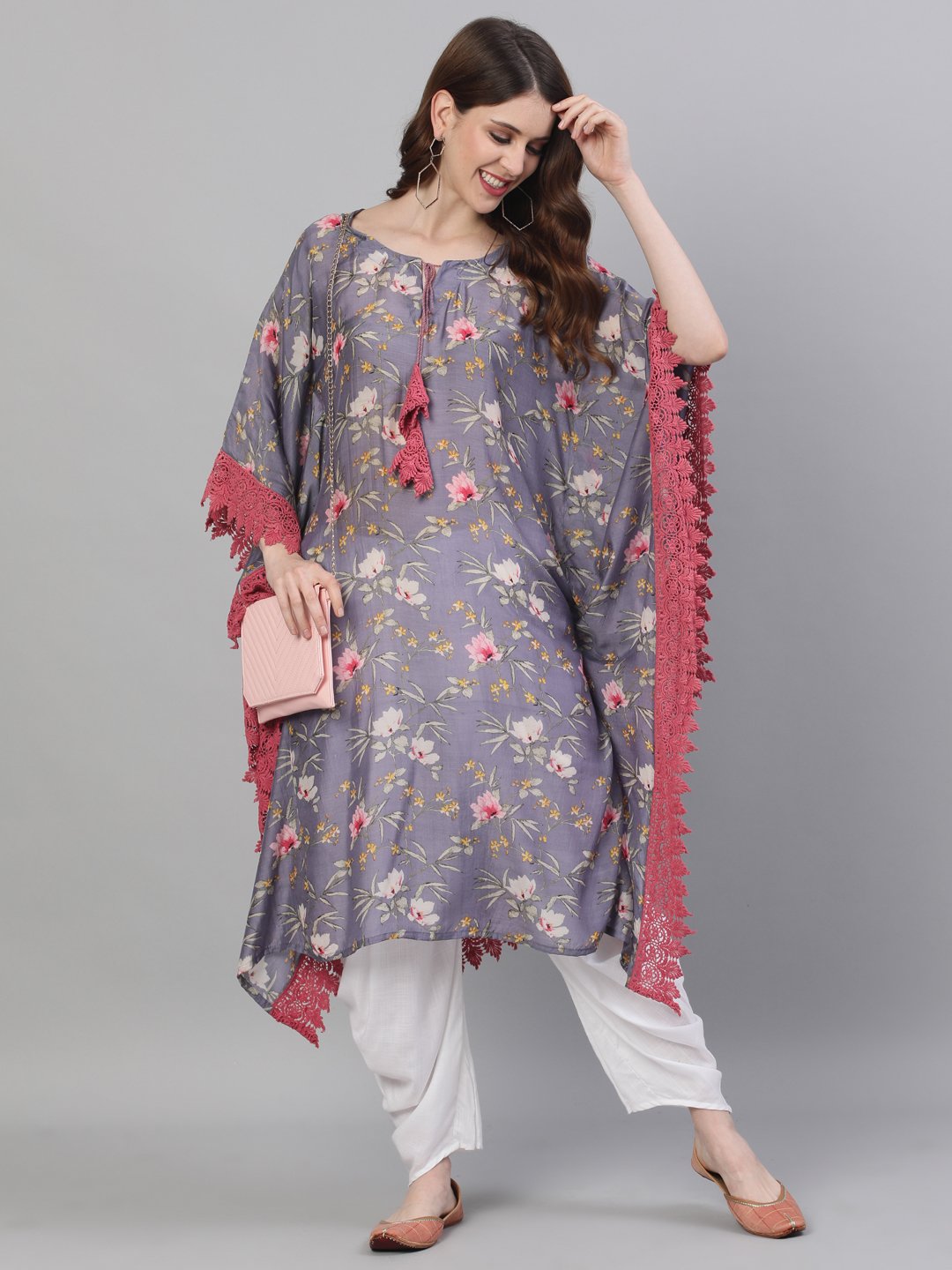 Ishin Women's Silk Purple Embroidered Kaftan Kurta