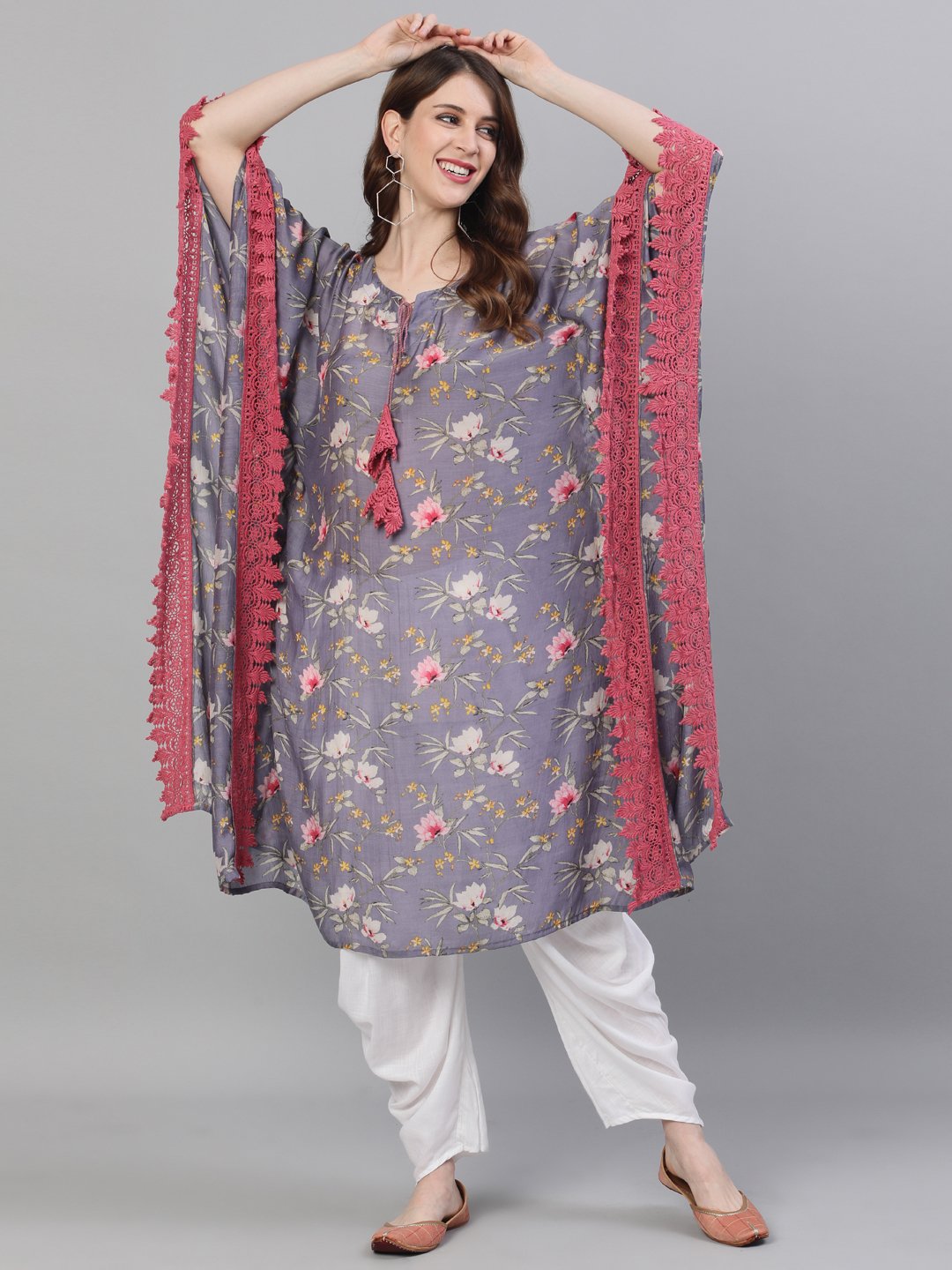 Ishin Women's Silk Purple Embroidered Kaftan Kurta