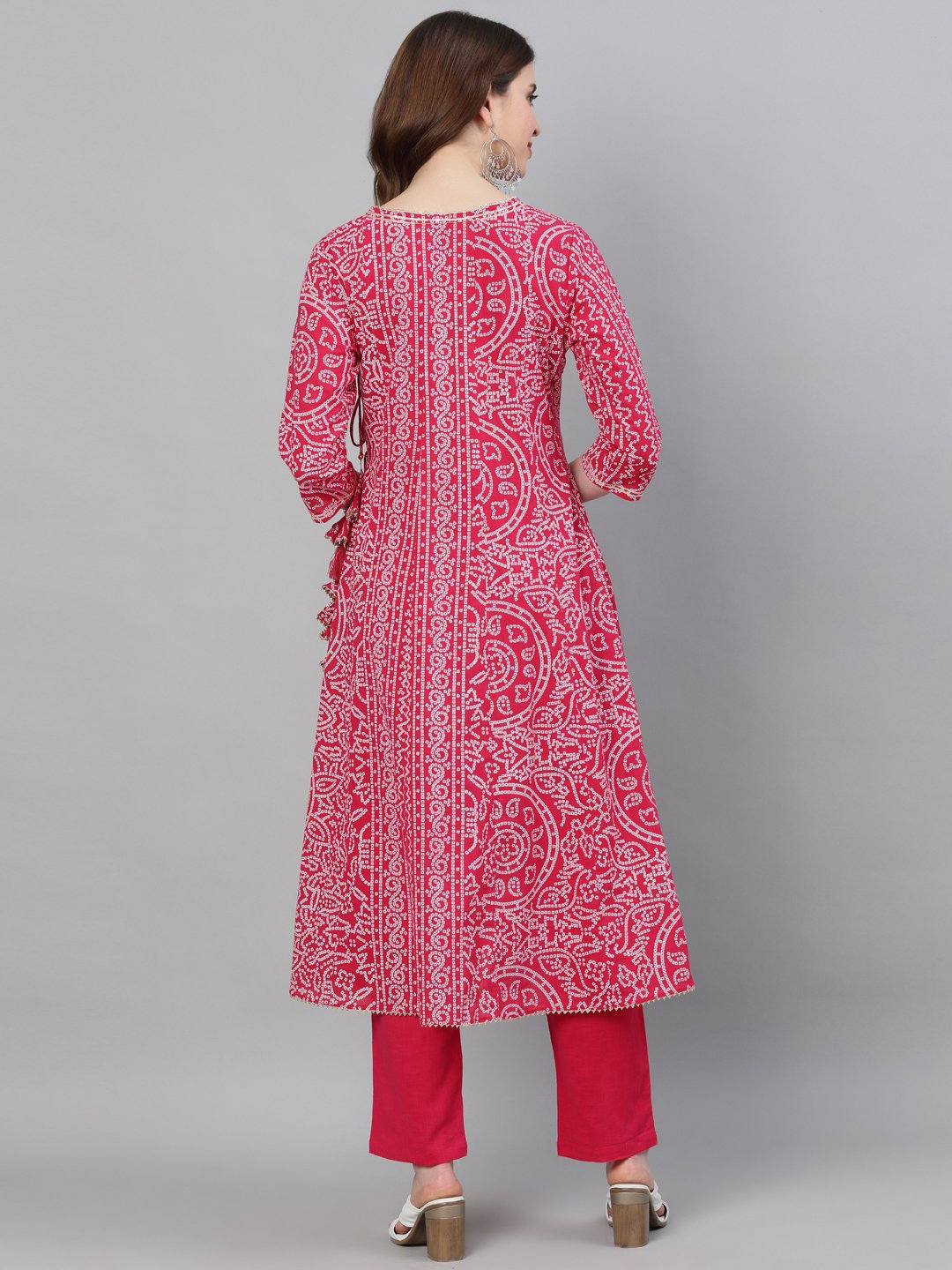 Ishin Women's Cotton Pink Bandhani Printed Anarkali Kurta