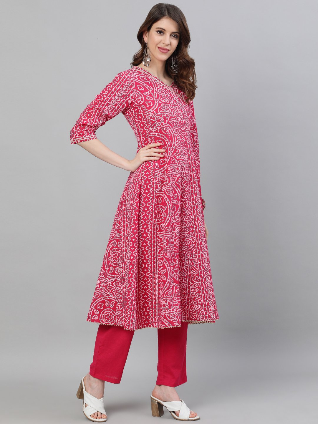 Ishin Women's Cotton Pink Bandhani Printed Anarkali Kurta