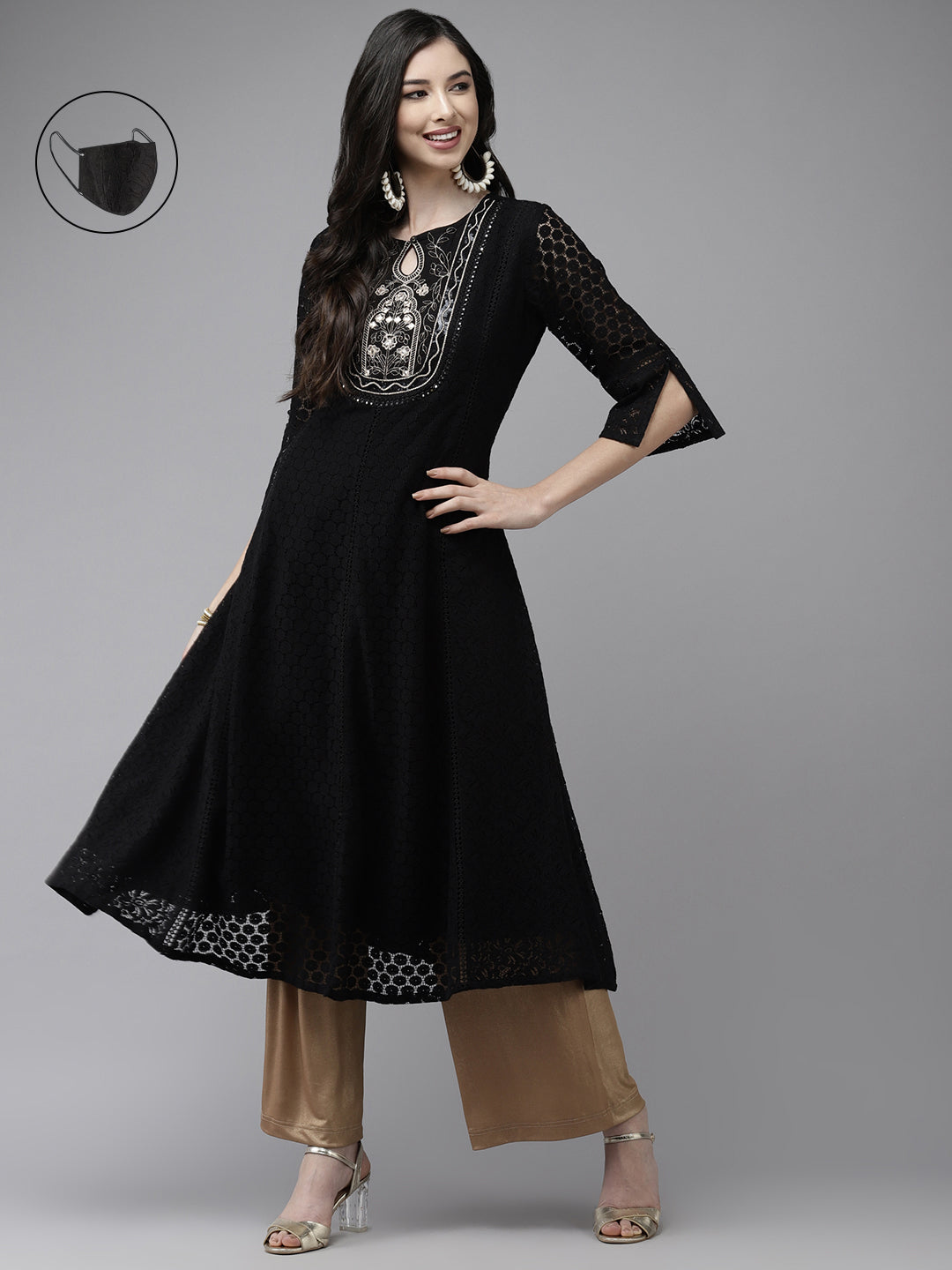 Ishin Women's Cotton Black Embroidered Anarkali Kurta