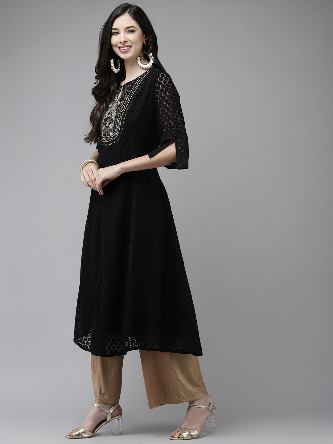 Ishin Women's Cotton Black Embroidered Anarkali Kurta