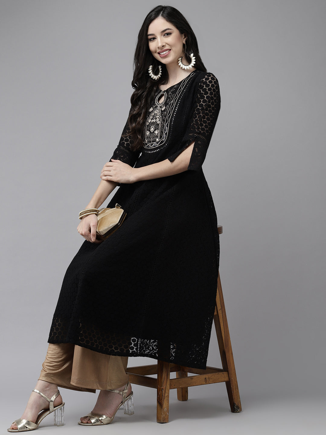 Ishin Women's Cotton Black Embroidered Anarkali Kurta
