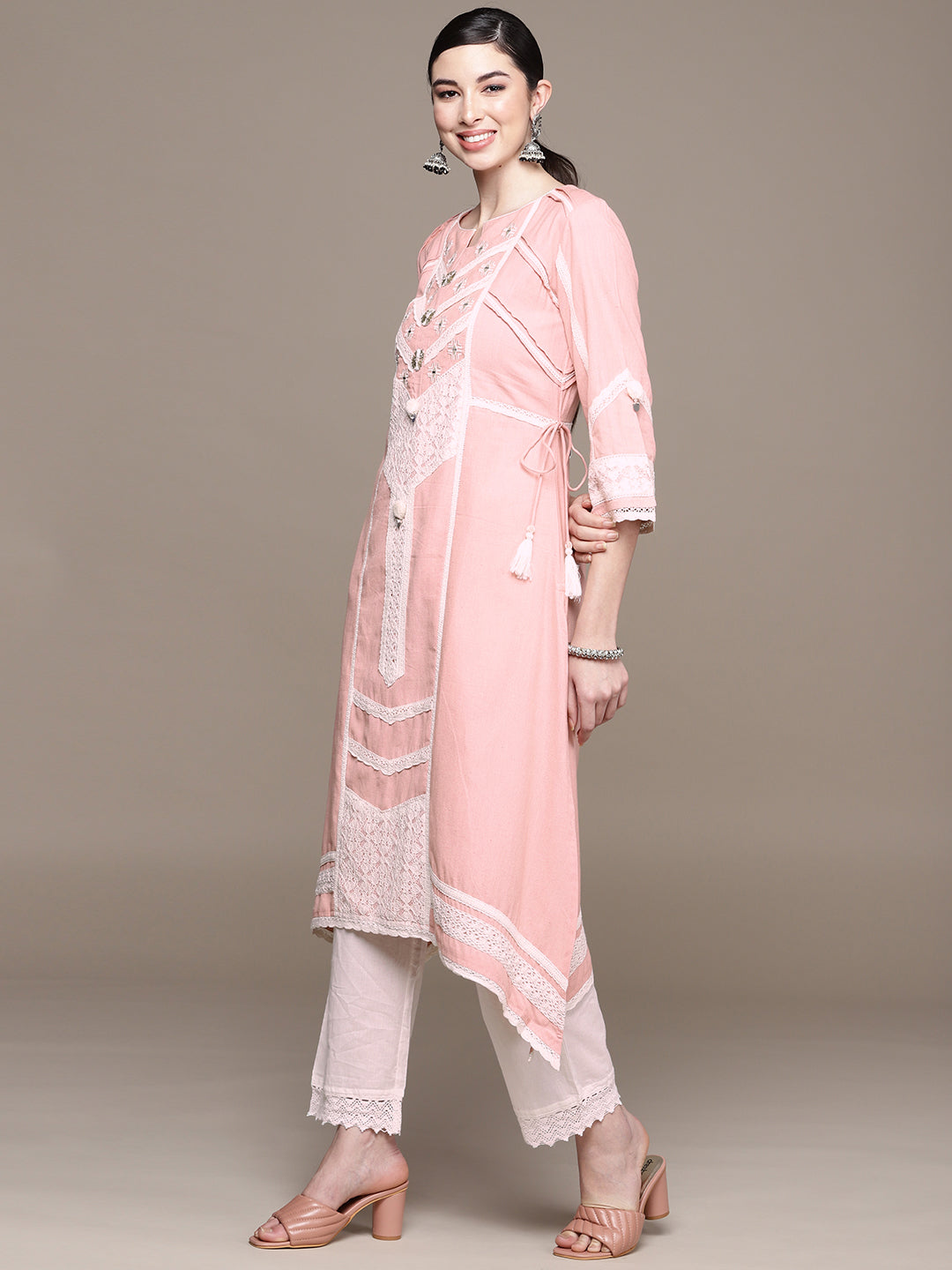 Ishin Women's Cotton Pink Embroidered A-Line Asymmetric Kurta