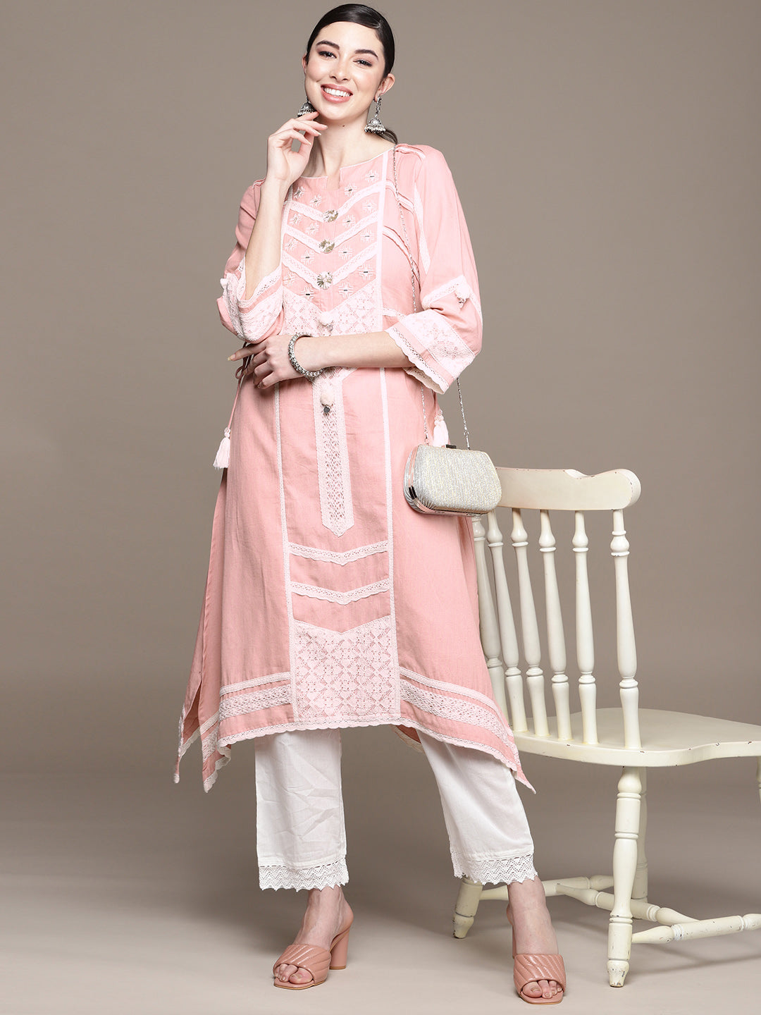 Ishin Women's Cotton Pink Embroidered A-Line Asymmetric Kurta