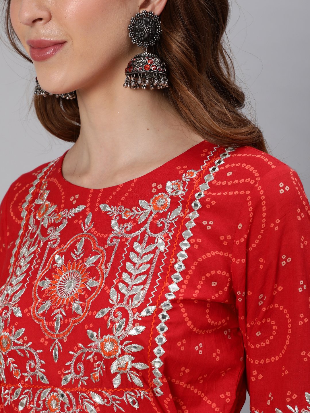 Ishin Women's Cotton Red Yoke Design Embroidered Anarkali Tiered Kurta