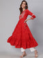 Ishin Women's Cotton Red Yoke Design Embroidered Anarkali Tiered Kurta