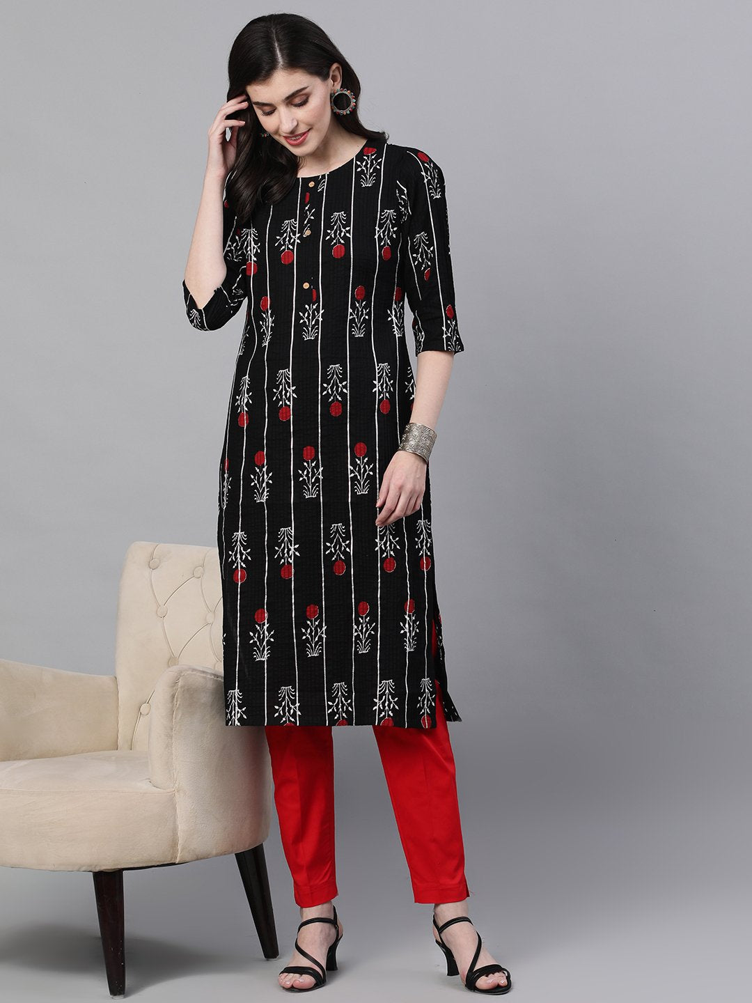 Ishin Women's Cotton Black Printed With Gota Patti A-Line Pintex Kurta