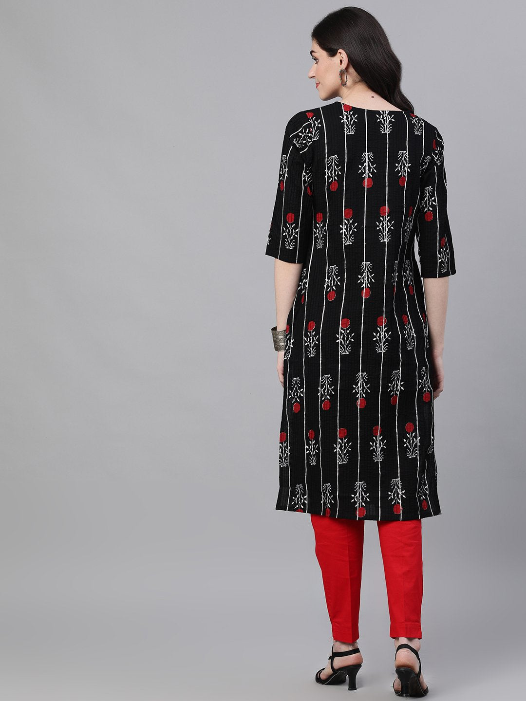 Ishin Women's Cotton Black Printed With Gota Patti A-Line Pintex Kurta