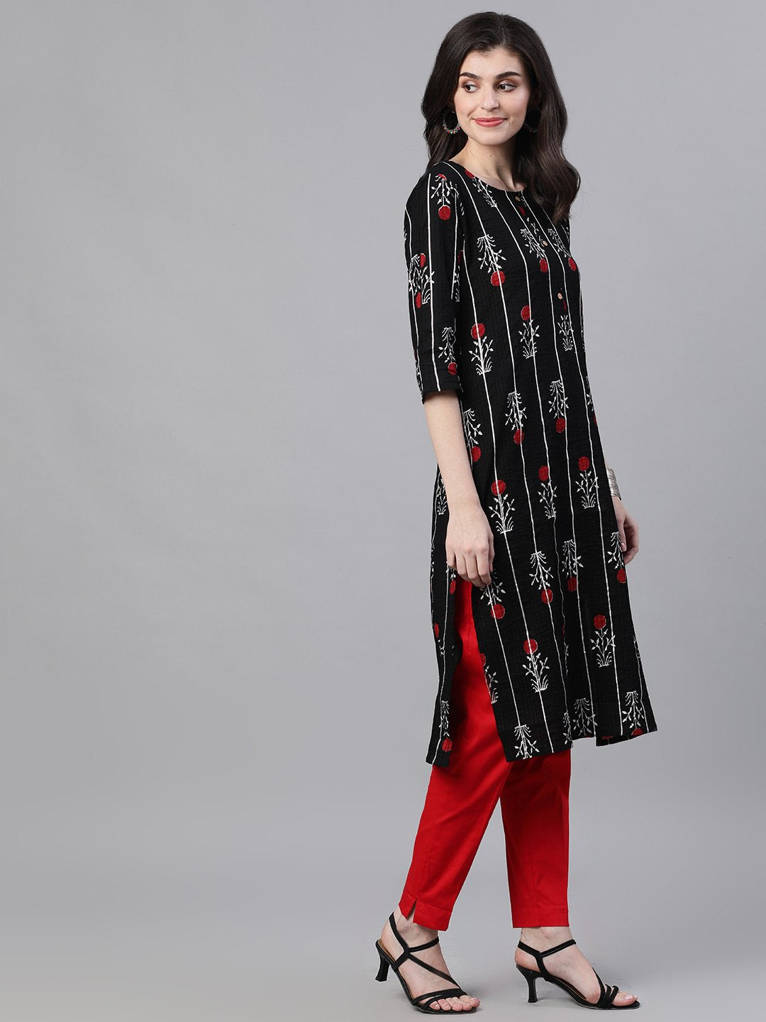 Ishin Women's Cotton Black Printed With Gota Patti A-Line Pintex Kurta