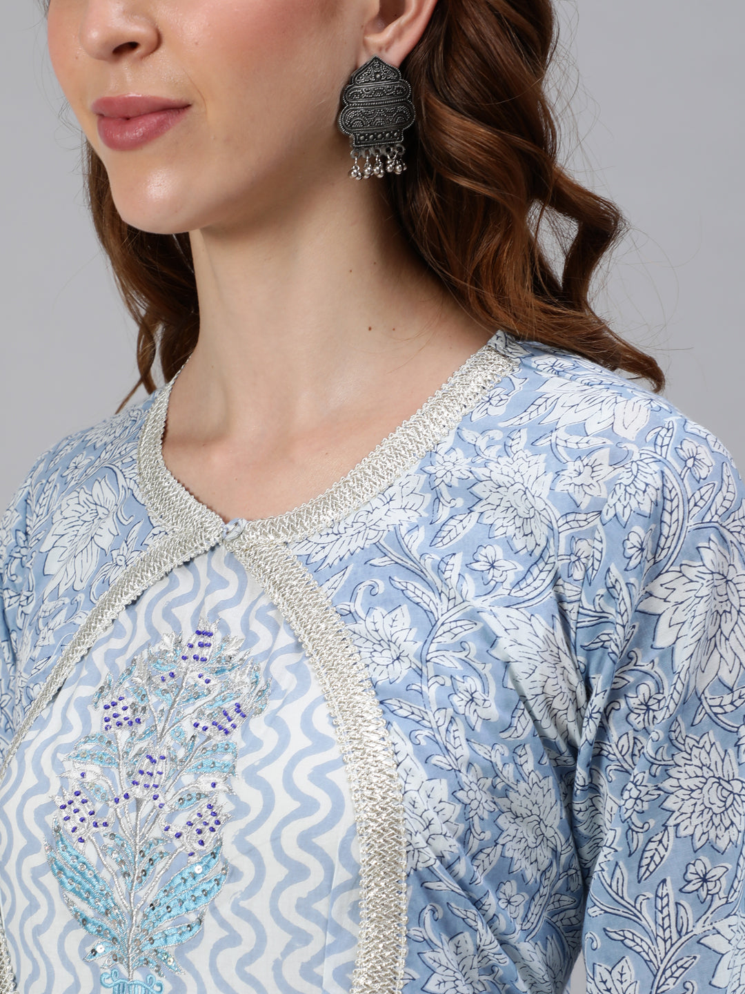 Ishin Women's Blue Zari Embroidered Flare Anarkali Kurta With Jacket