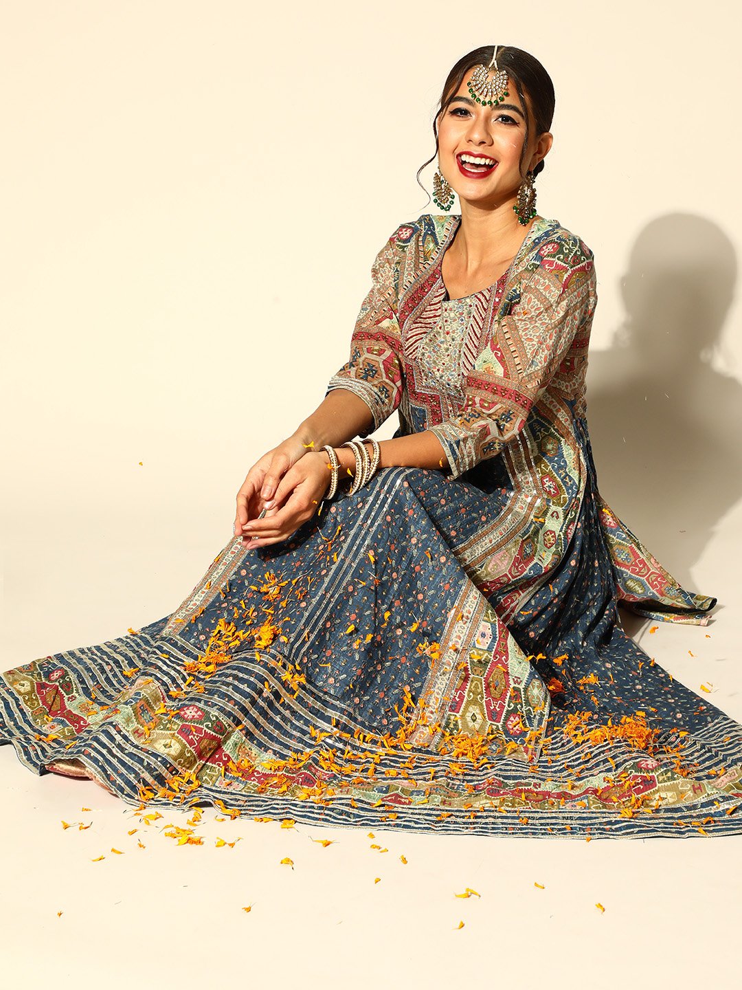 Ishin Women's Blue & Beige Embroidered Anarkali Layered Kurta