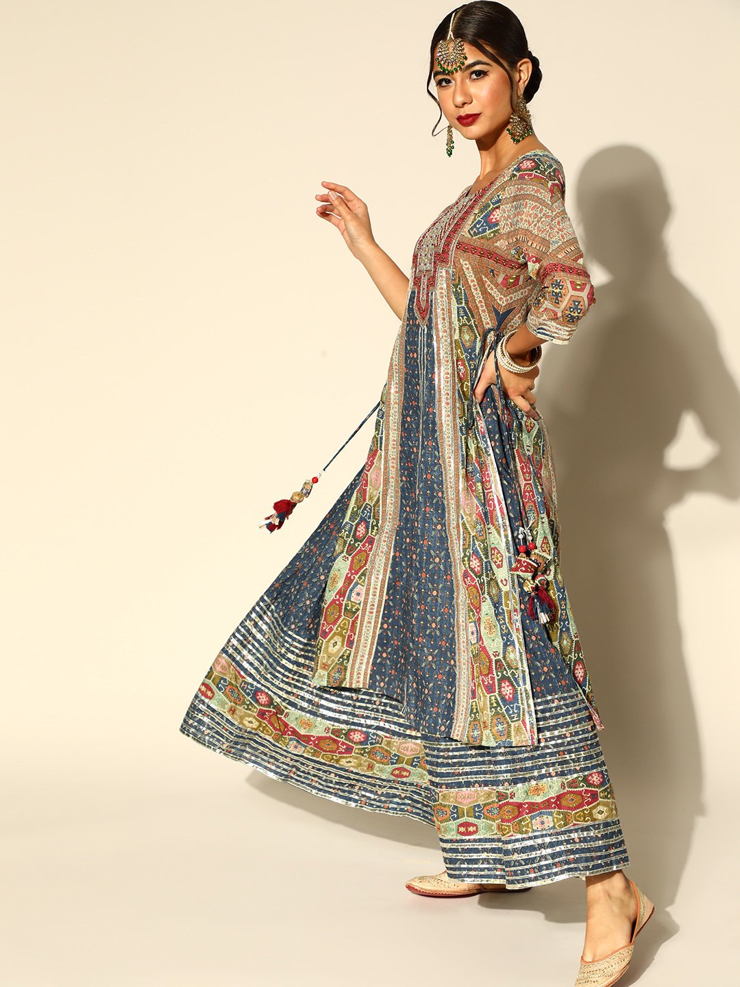Ishin Women's Blue & Beige Embroidered Anarkali Layered Kurta