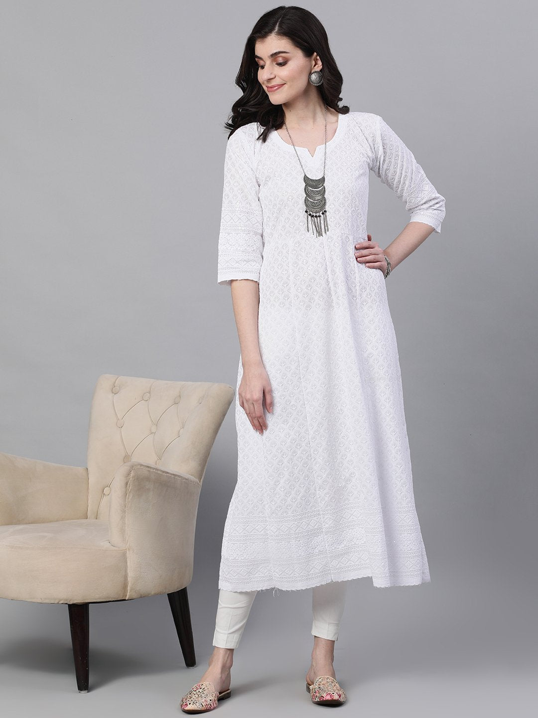 Ishin Women's Cotton White Sequinned Chikankari Embroidered Anarkali Kurta