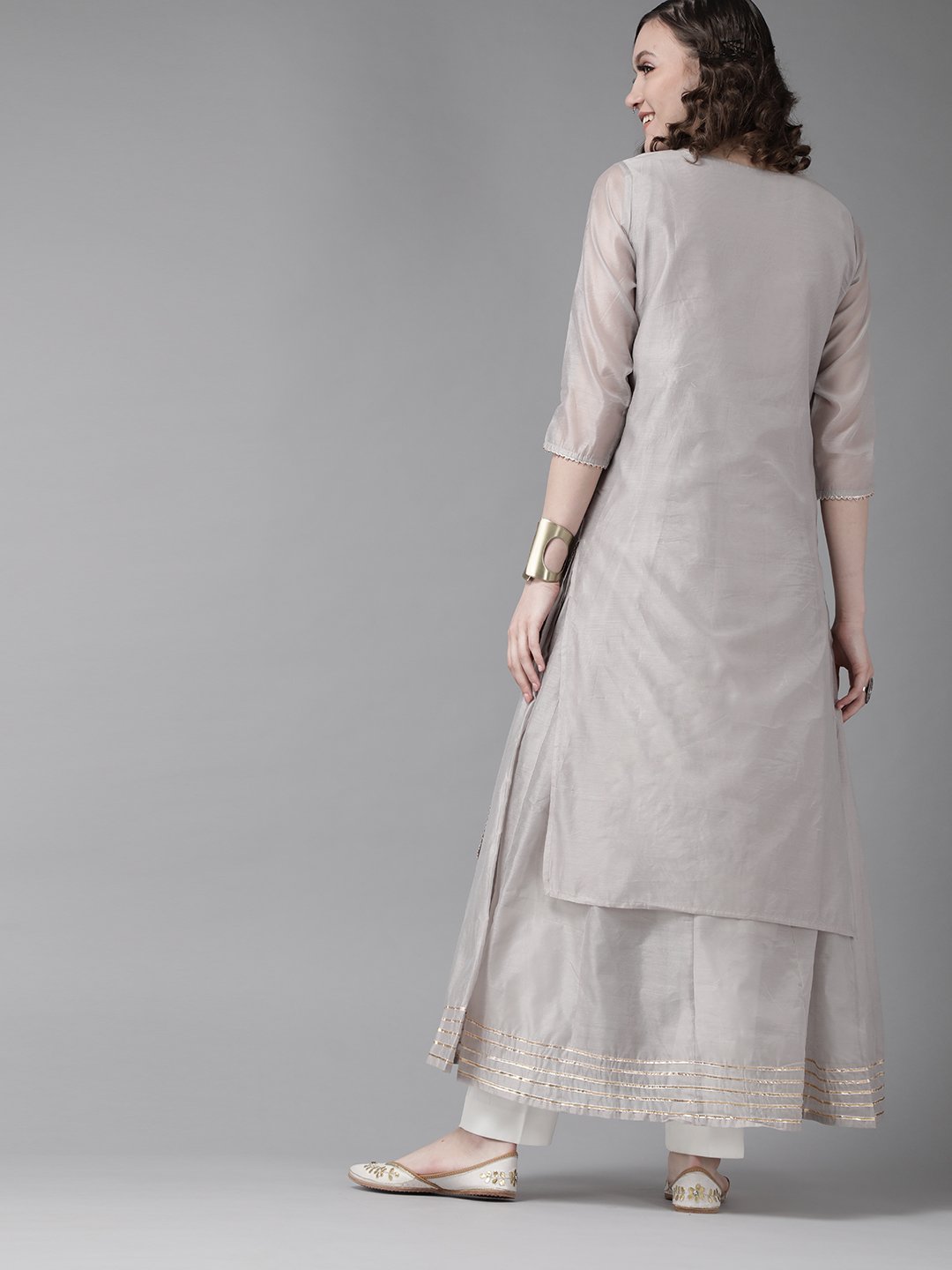 Ishin Women's Grey Embroidered Layered Anarkali Kurta
