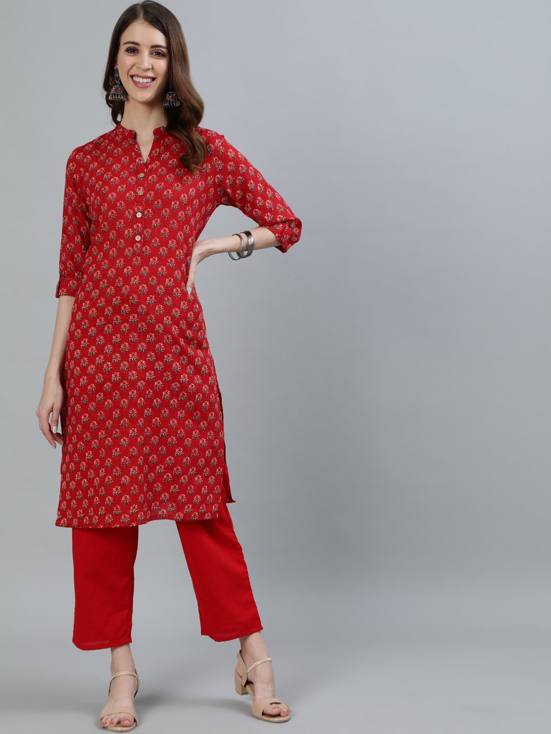 Ishin Women's Red Floral Printed Straight Kurta With Trouser