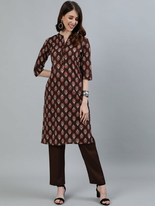 Ishin Women's Brown Floral Printed Straight Kurta With Trouser