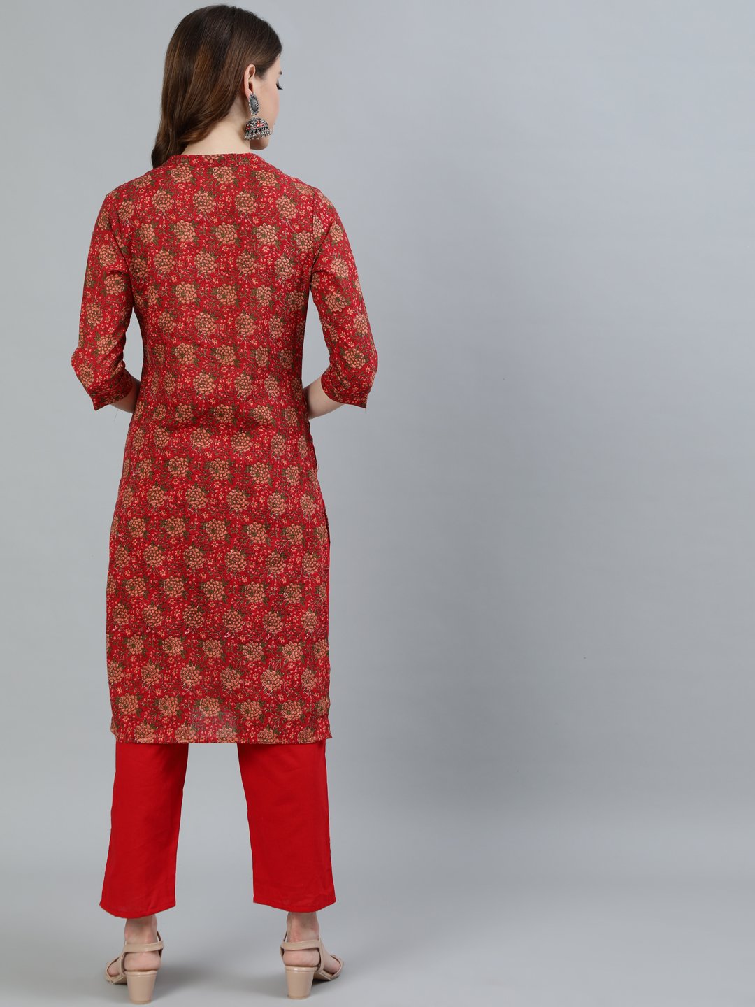 Ishin Women's Red Floral Printed Straight Kurta With Trouser