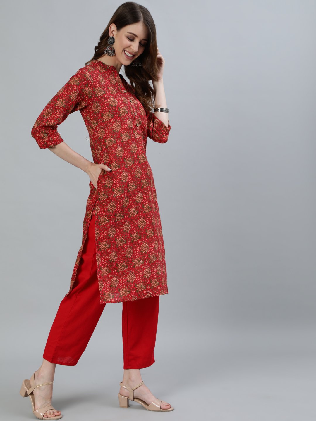 Ishin Women's Red Floral Printed Straight Kurta With Trouser