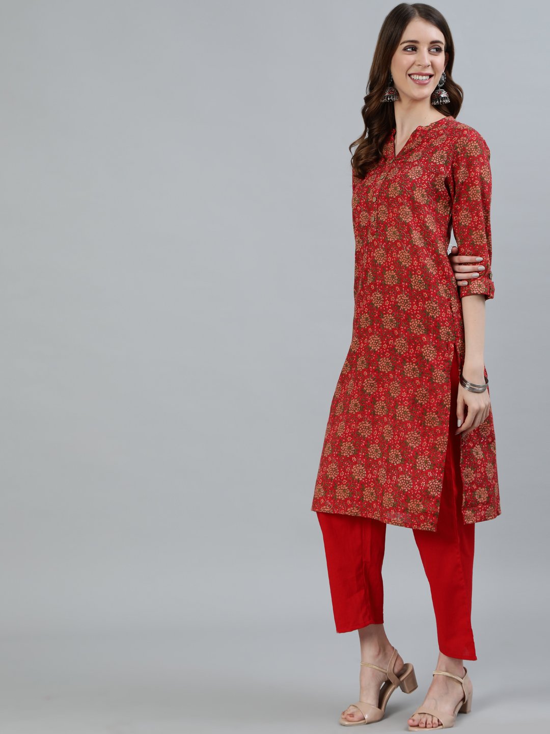 Ishin Women's Red Floral Printed Straight Kurta With Trouser