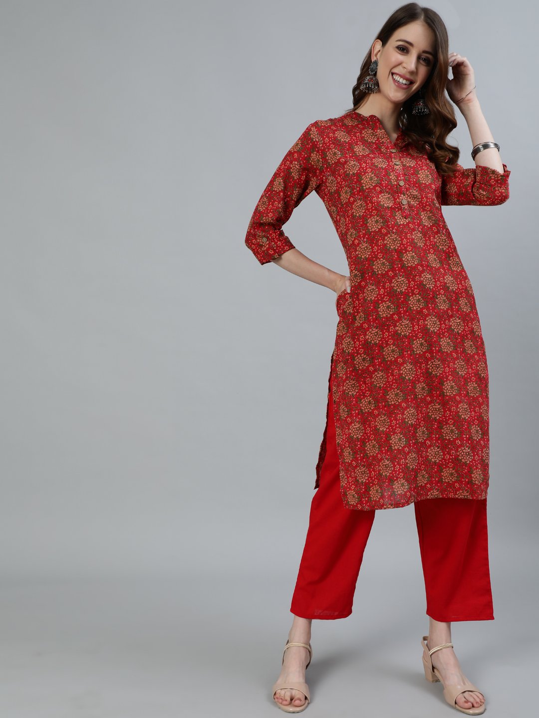 Ishin Women's Red Floral Printed Straight Kurta With Trouser