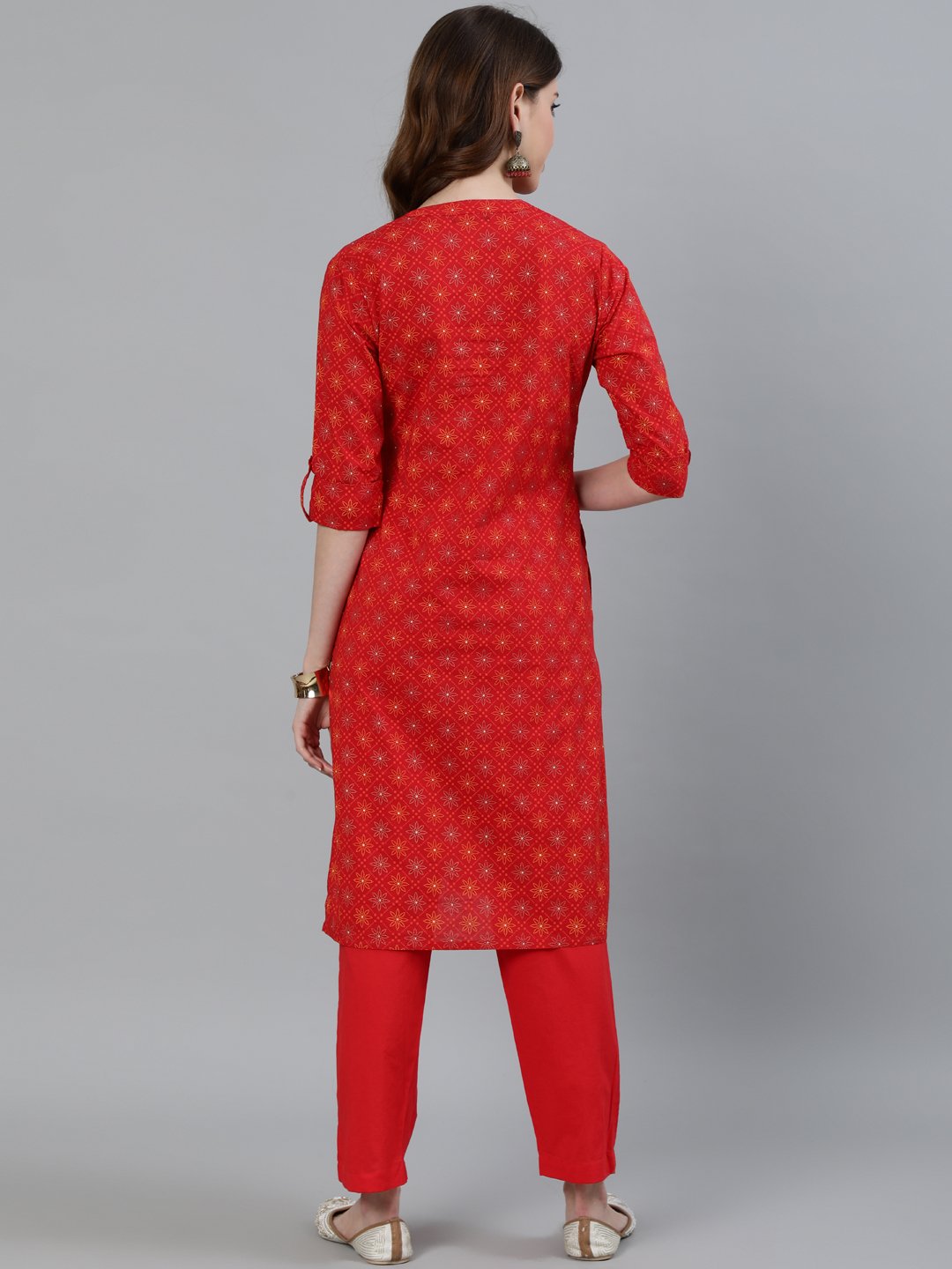 Ishin Women's Red Checks Printed Straight Kurta With Trouser