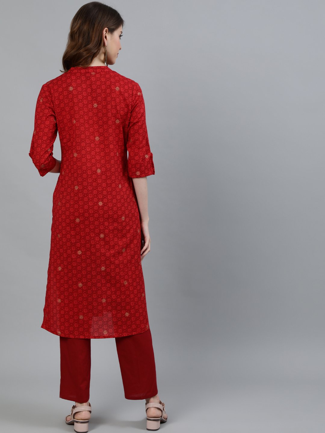 Ishin Women's Red Printed Straight Kurta With Trouser