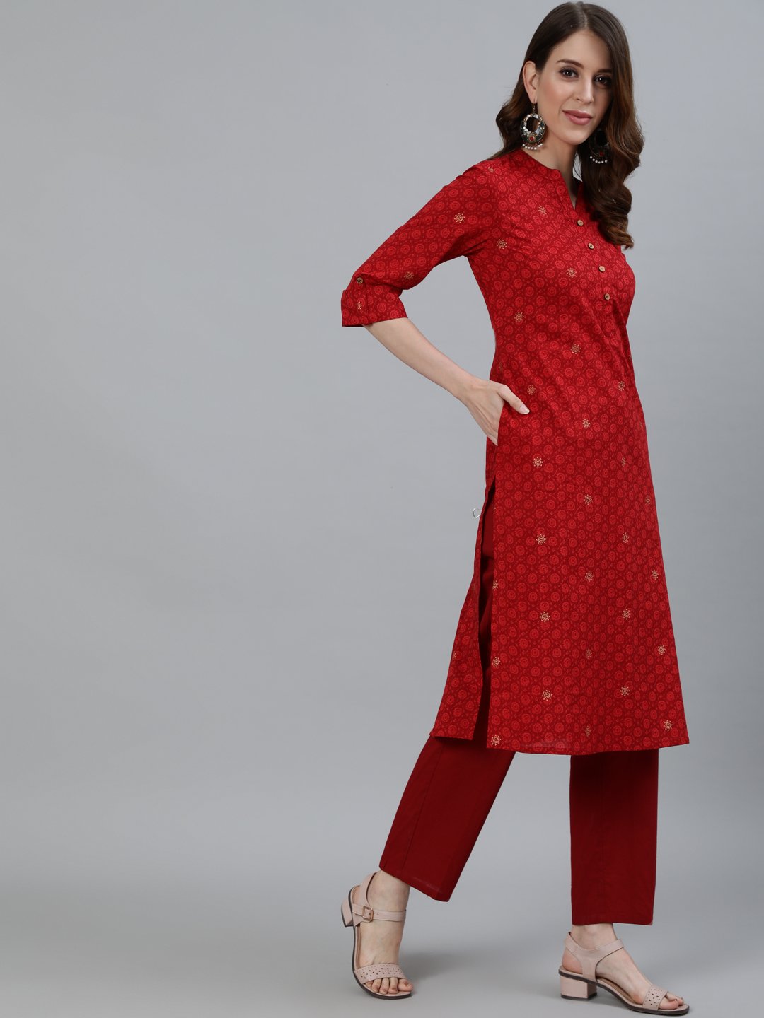 Ishin Women's Red Printed Straight Kurta With Trouser
