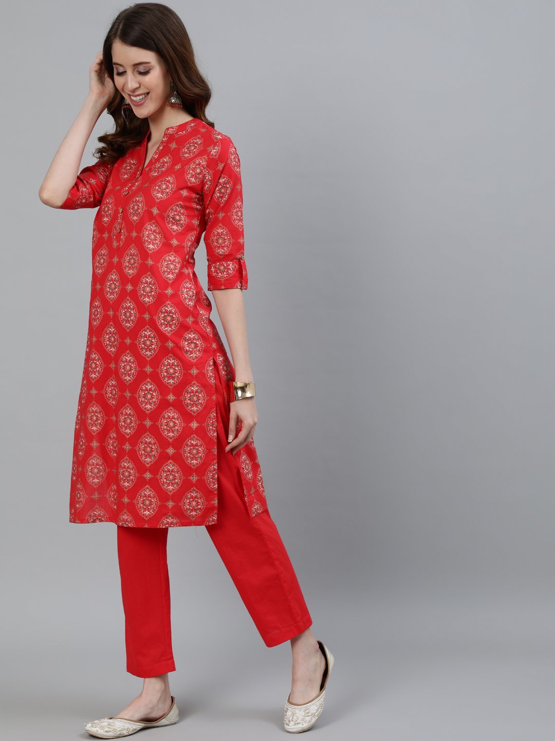 Ishin Women's Red Ethnic Motif Printed Straight Kurta With Trouser