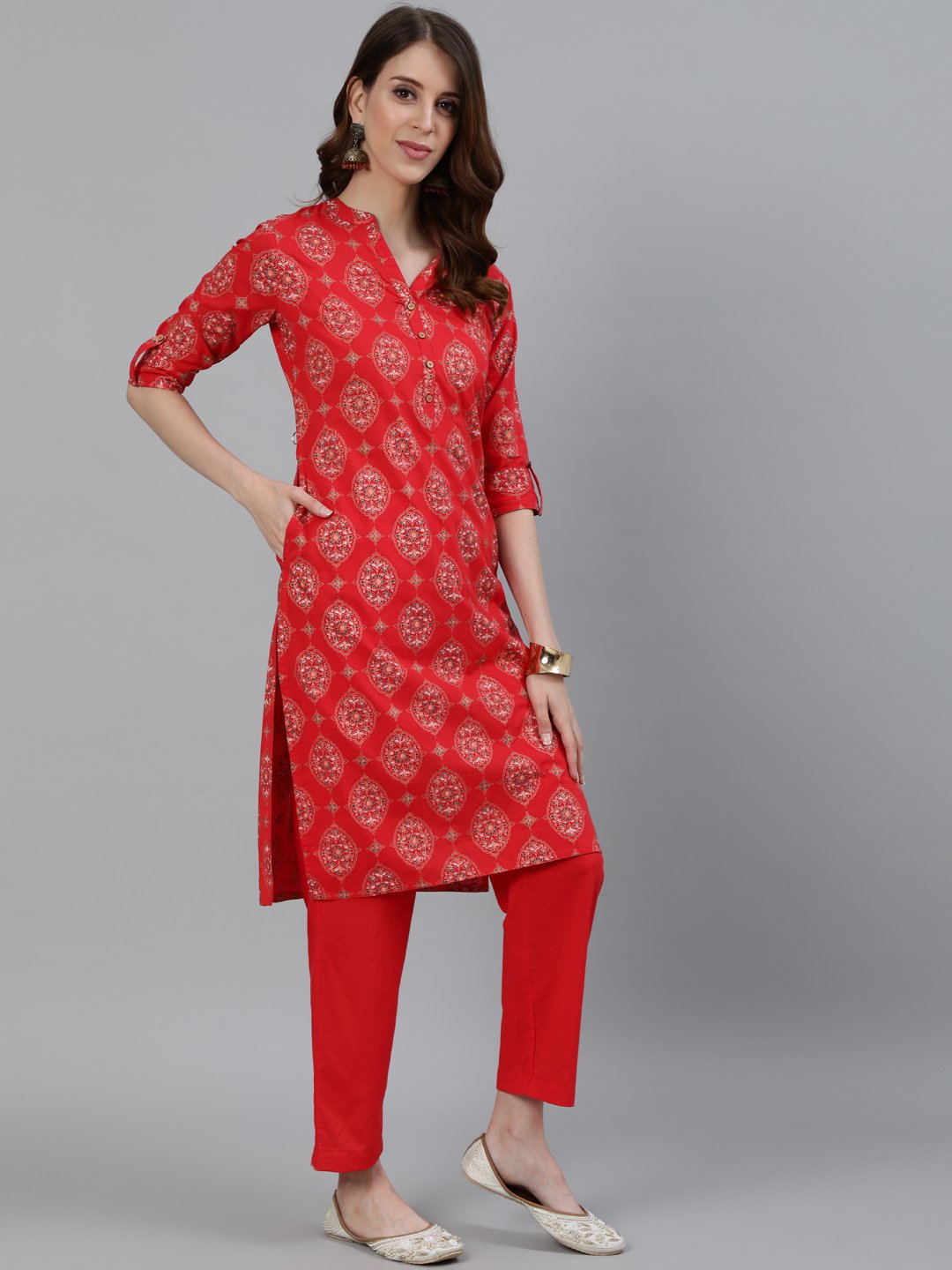 Ishin Women's Red Ethnic Motif Printed Straight Kurta With Trouser