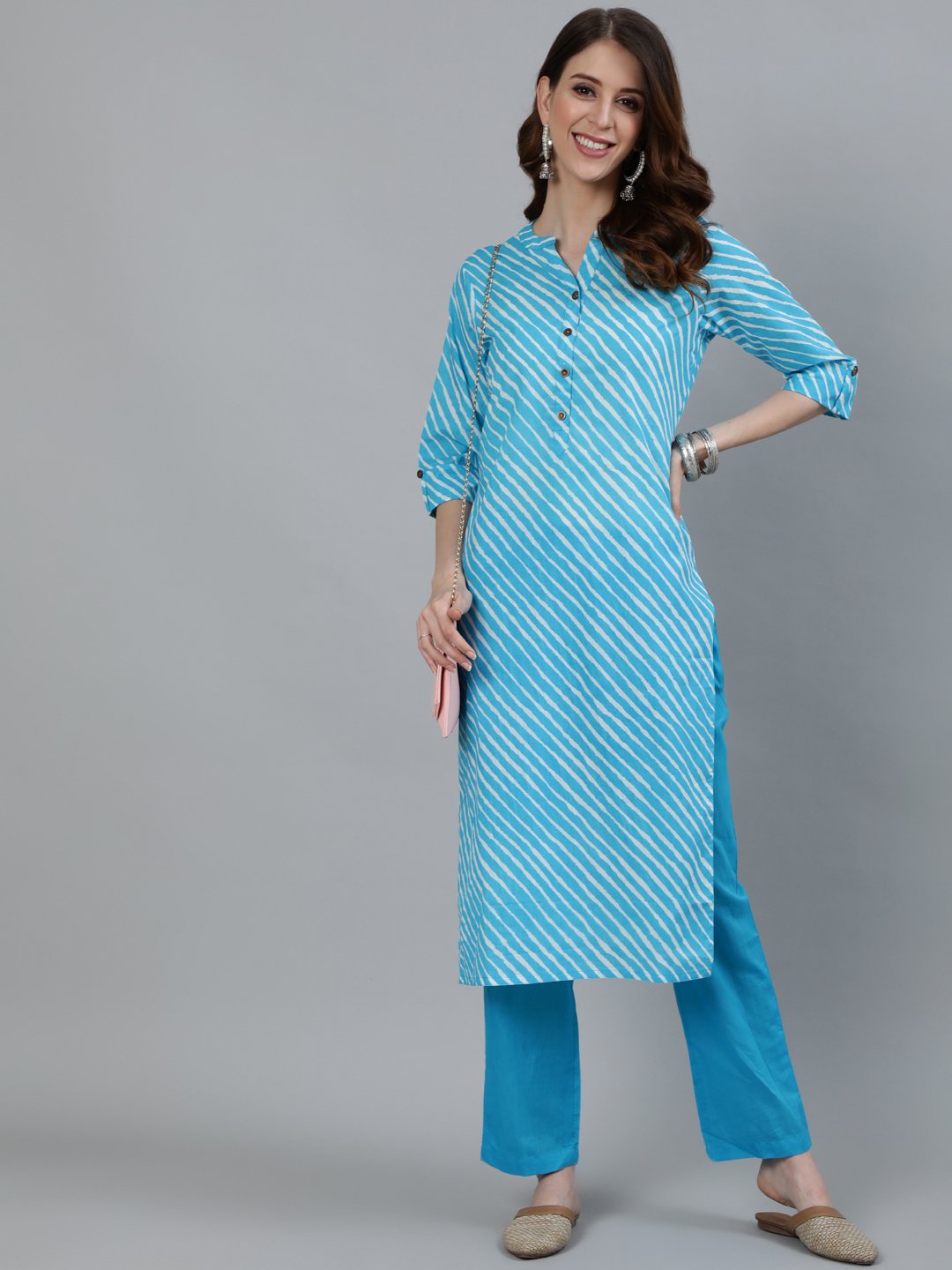 Ishin Women's Blue Leheriya Straight Kurta With Trouser