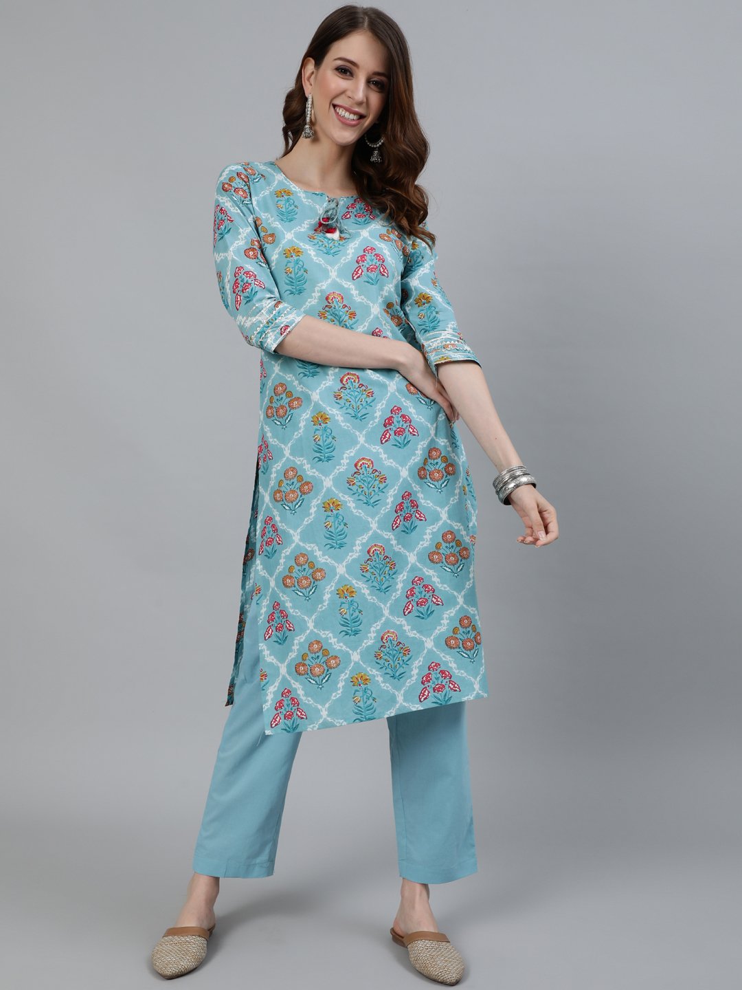 Ishin Women's Blue Floral Printed Straight Kurta With Trouser