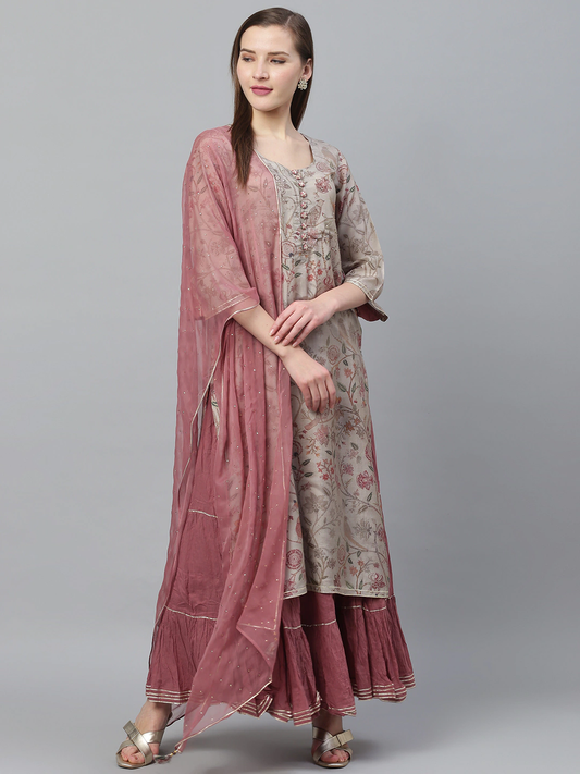 Ishin Women's Rayon Grey & Mauve Embellished Straight Kurta Skirt Dupatta Set