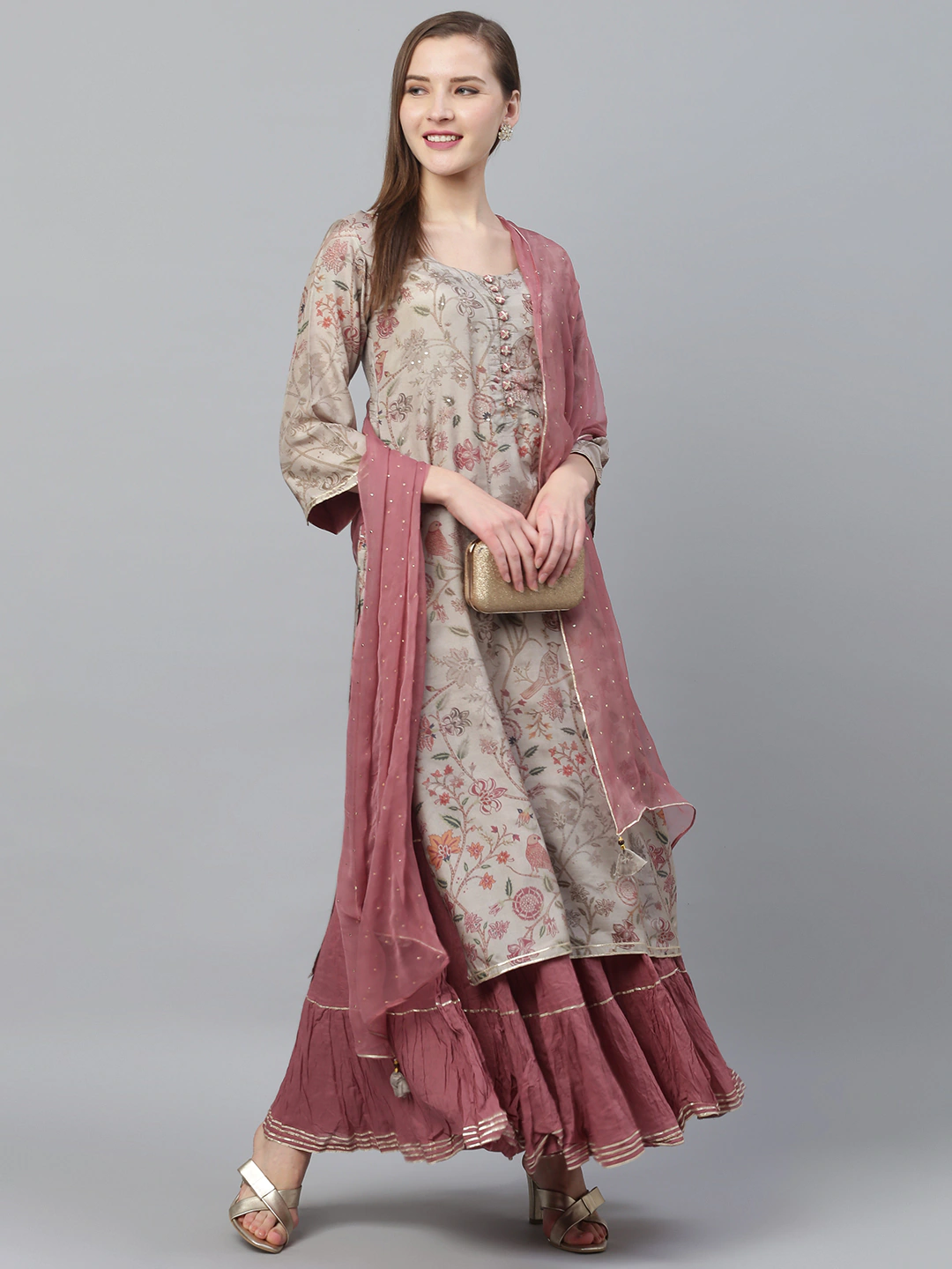 Ishin Women's Rayon Grey & Mauve Embellished Straight Kurta Skirt Dupatta Set