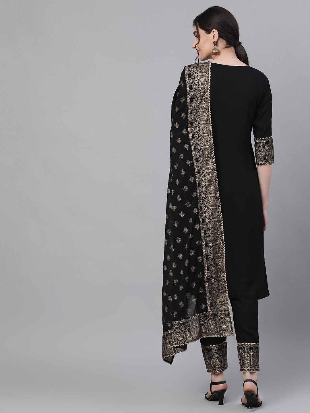 Ishin Women's Rayon Black Solid With Gota Patti Straight Kurta Trouser Dupatta Set
