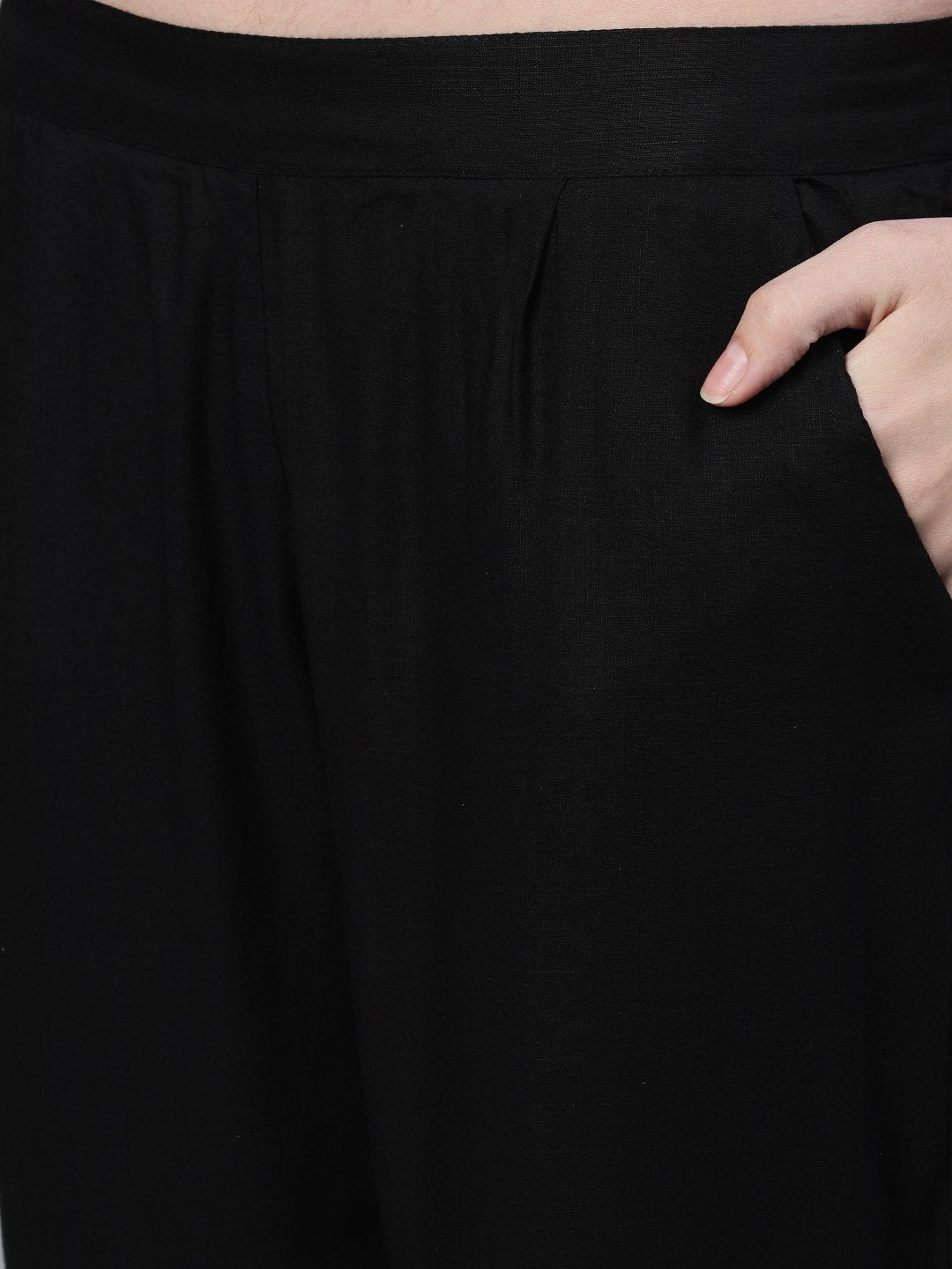 Ishin Women's Rayon Black Solid With Gota Patti Straight Kurta Trouser Dupatta Set
