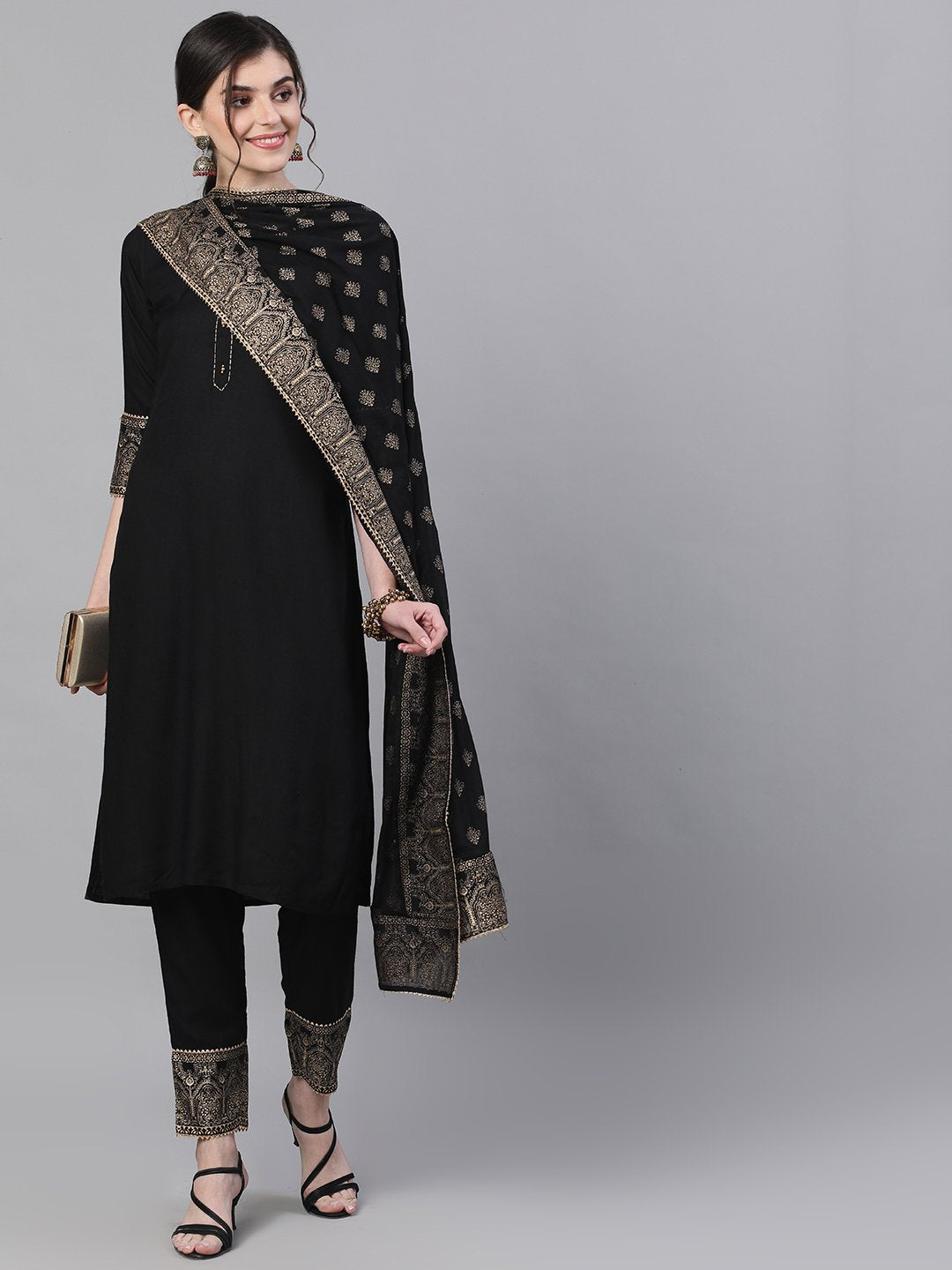 Comfy Black Rayon Straight Kurta Set With Gotta Patti Lace And Ethnic Motif Cotton Dupatta
