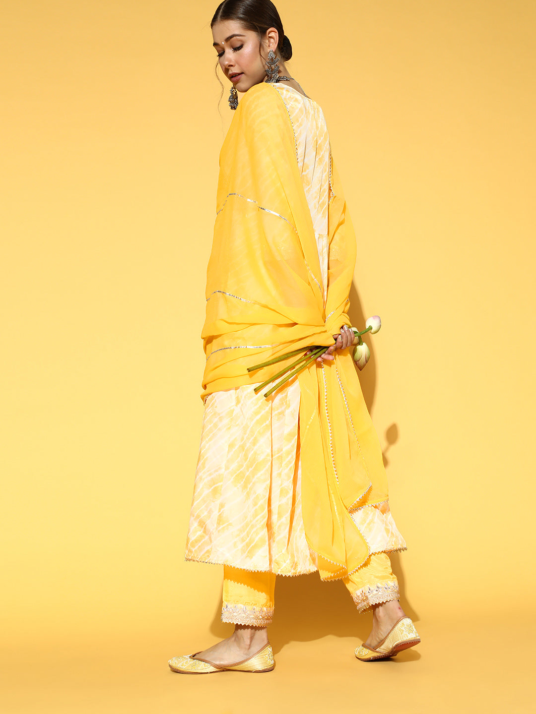 Ishin Women's Yellow Zari Embroidered Tie & Dye Anarkali Kurta Trouser Dupatta Set