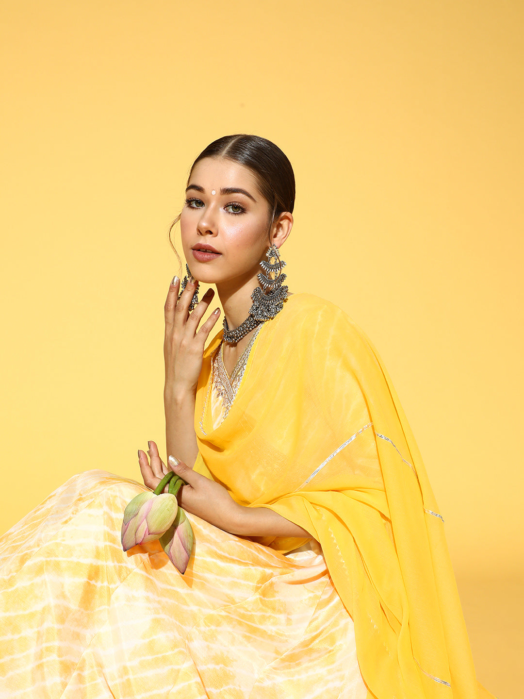 Ishin Women's Yellow Zari Embroidered Tie & Dye Anarkali Kurta Trouser Dupatta Set