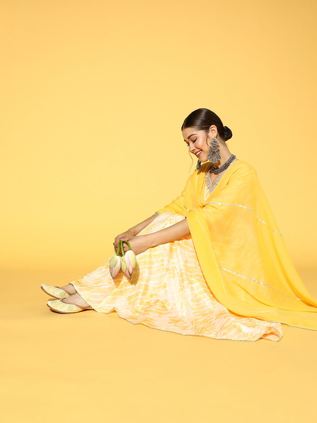 Ishin Women's Yellow Zari Embroidered Tie & Dye Anarkali Kurta Trouser Dupatta Set