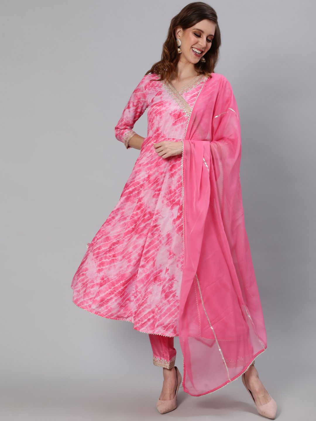 Ishin Women's Silk Tie & Dye Zari Embroidered Anarkali Kurta Trouser Dupatta Set