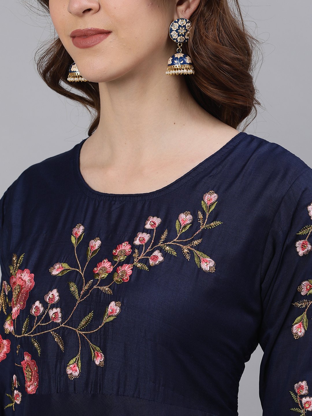 Ishin Women's Silk Navy Blue Zari Embroidered Anarkali Kurta Palazzo Dupatta Set