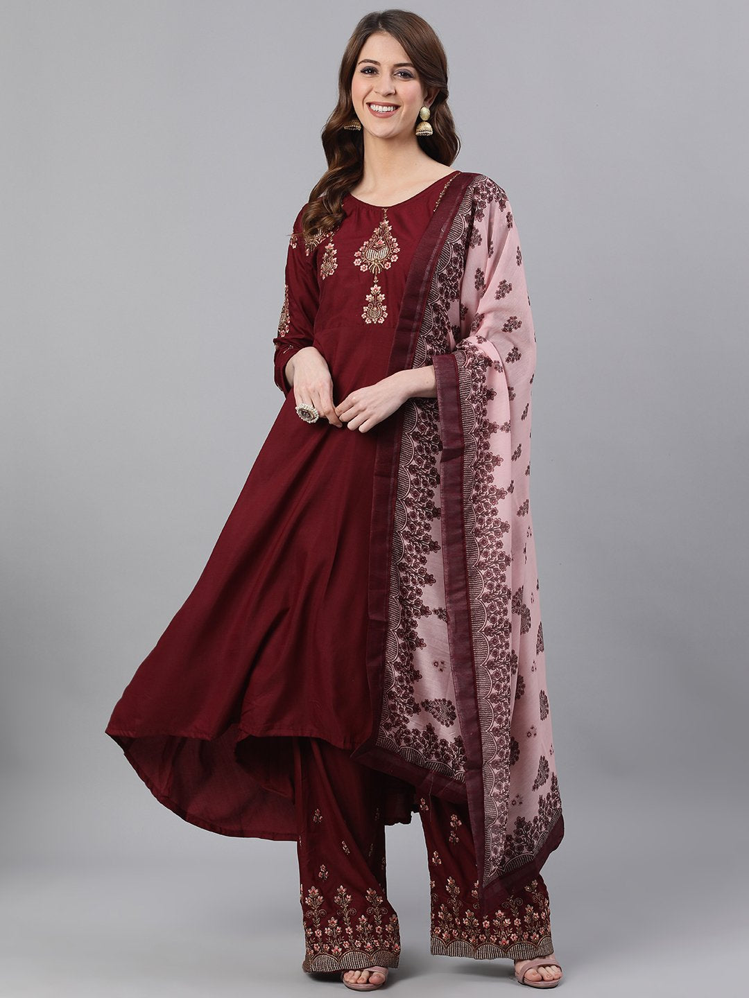 Ishin Women's Silk Maroon Zari Embroidered Anarkali Kurta Palazzo Dupatta Set