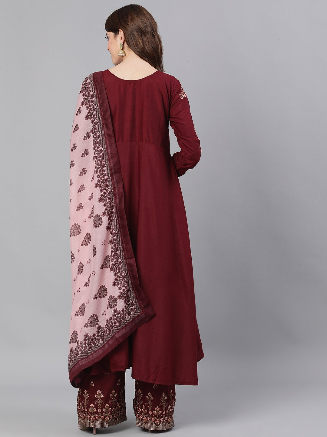 Ishin Women's Silk Maroon Zari Embroidered Anarkali Kurta Palazzo Dupatta Set