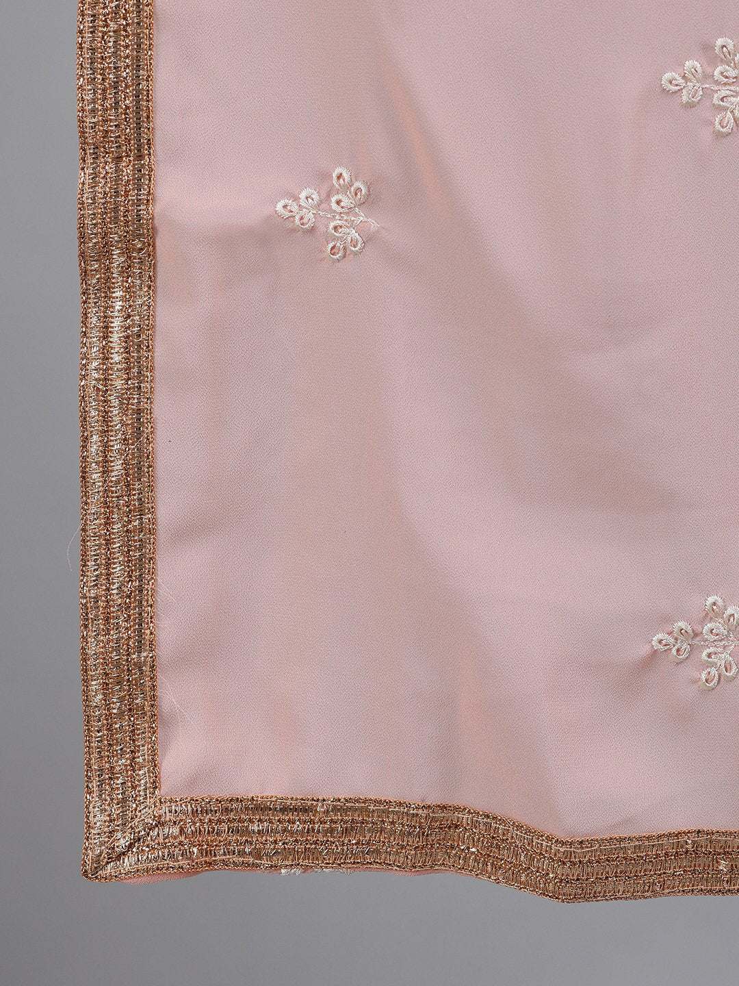 Ishin Women's Georgette Peach Embroidered Anarkali Kurta Skirt Dupatta Set