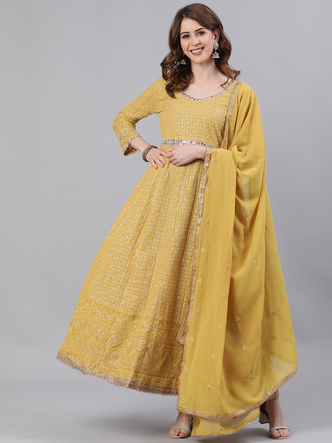 Ishin Women's Georgette Mustard Chikankari Embroidered Anarkali Kurta With Dupatta & Unstiched Bottom
