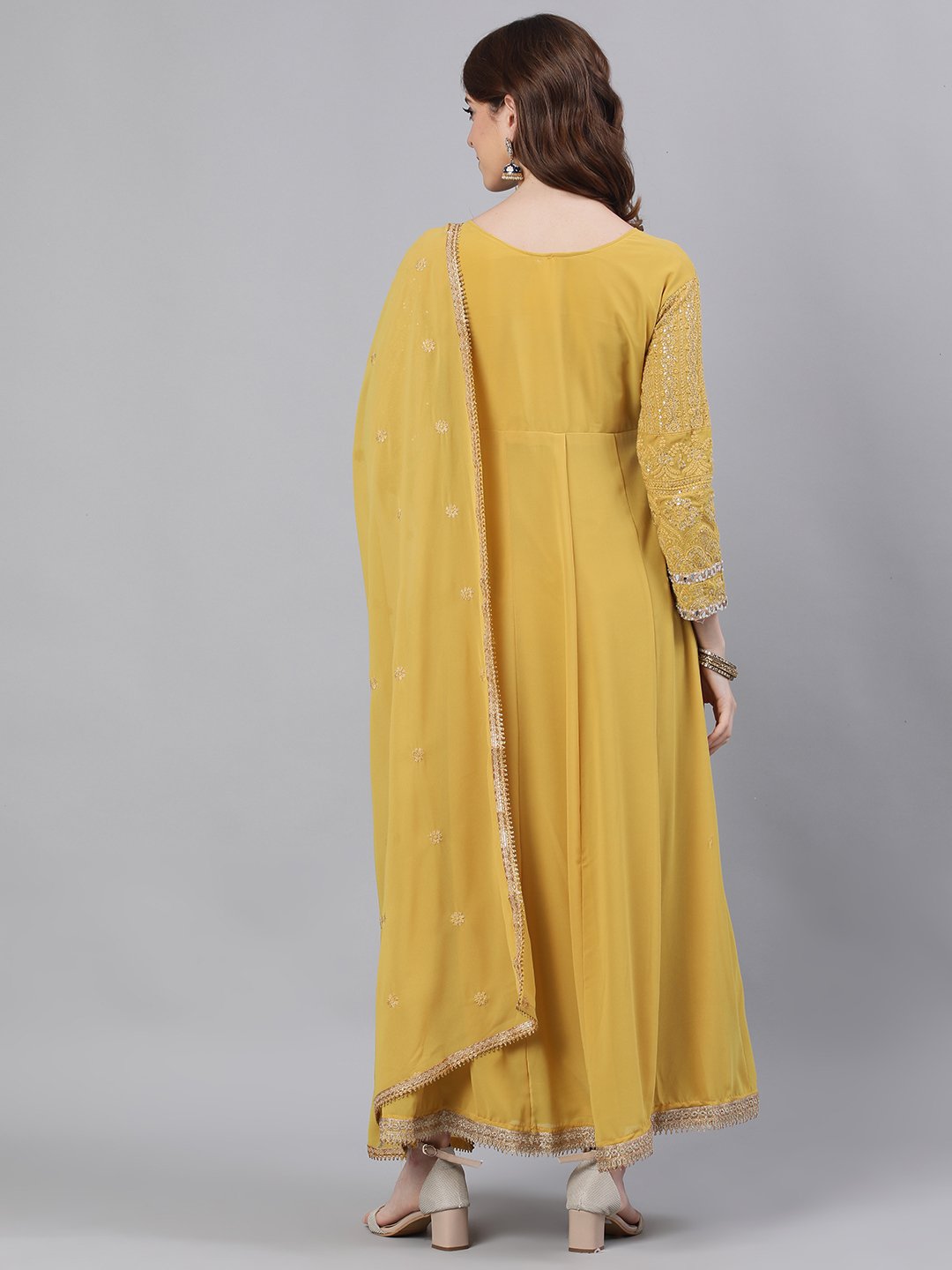 Ishin Women's Georgette Mustard Chikankari Embroidered Anarkali Kurta With Dupatta & Unstiched Bottom